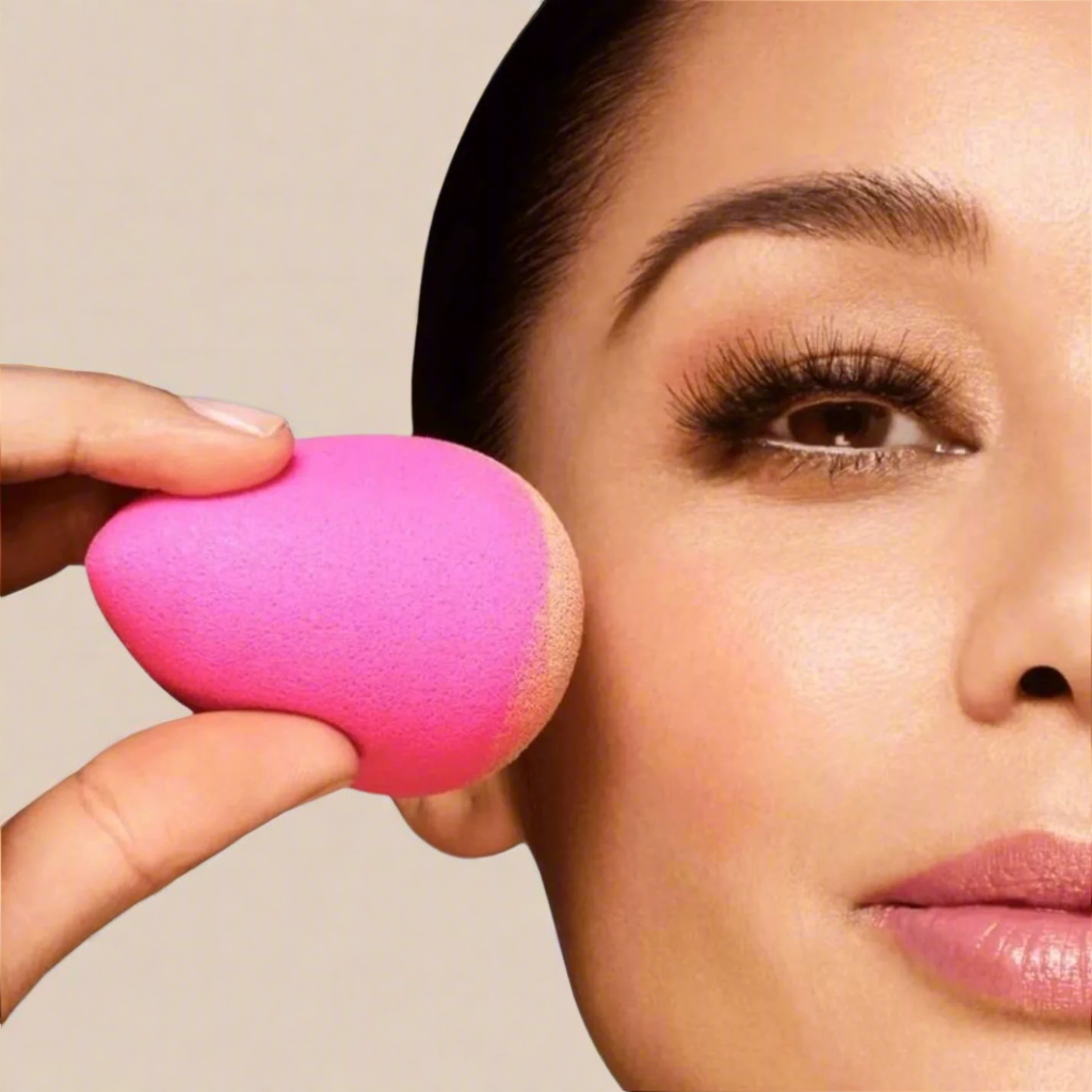 This is an image showcasing a close-up of a person using a vibrant pink Beautyblender makeup sponge to blend foundation or makeup on their cheek. The sponge is held gently against the skin, demonstrating its application for achieving a smooth and even finish. The person's makeup looks natural and flawless, emphasizing the effectiveness of the Beautyblender.